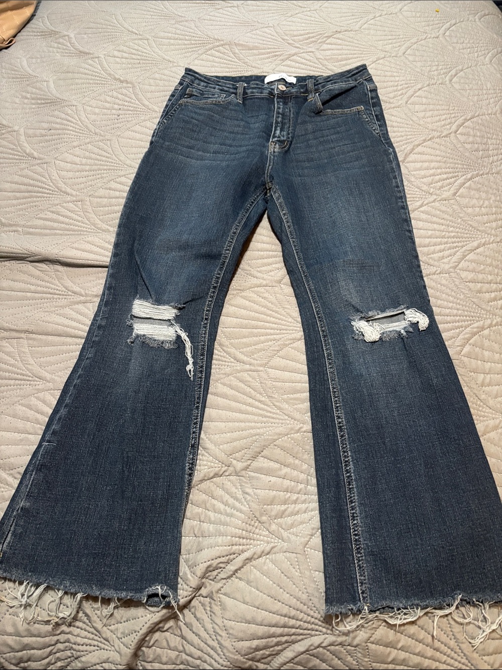KanCan Dark Blue Distressed Flare Jeans with Raw Hem